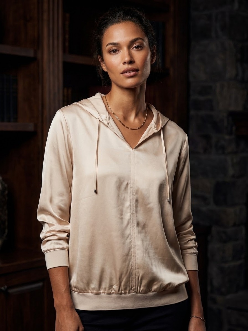 Olsen Cream Satin Hooded Pullover Blouse